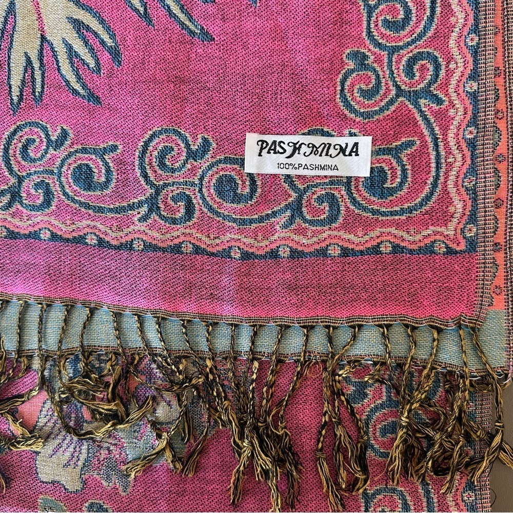 Pashmina Metallic Weave Paisley Pink Boho Bohemian Vibe Scarf Shawl